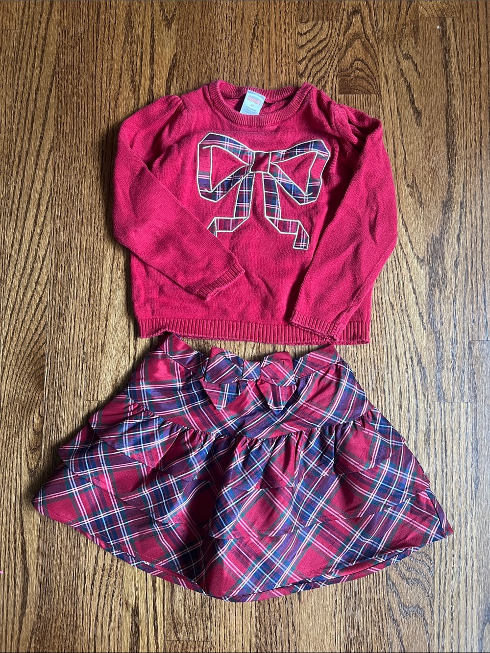 Gymboree Red Sweater & Red Plaid Bow Skirt Set